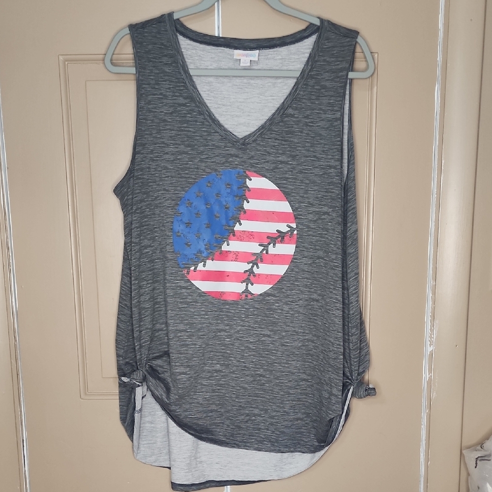 LulaRoe Gray Sleeveless Top with American Flag Baseball Design